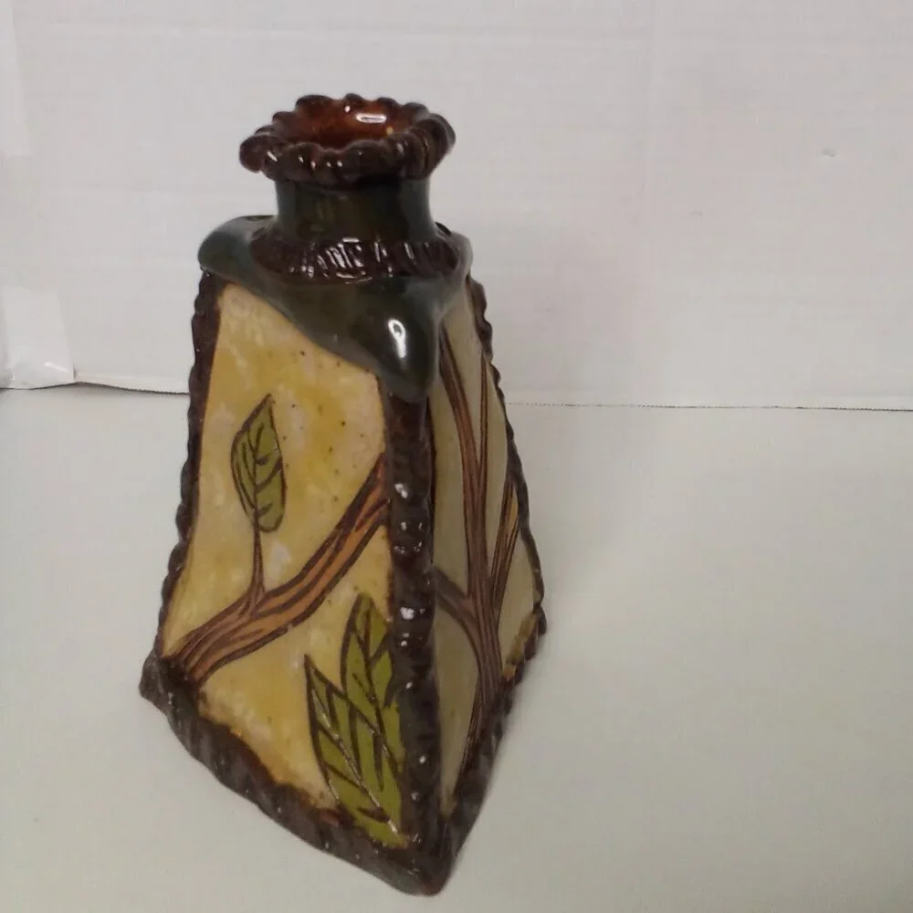 Handmade Vase Pyramid 3 Sides Terra Cotta Clay Unique Tree Leaves 7